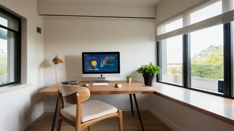 Un espacio de oficina luminoso y acogedor, con un escritorio de madera, notas, gráficos, una laptop, café, plantas, y un ambiente propicio para la creatividad