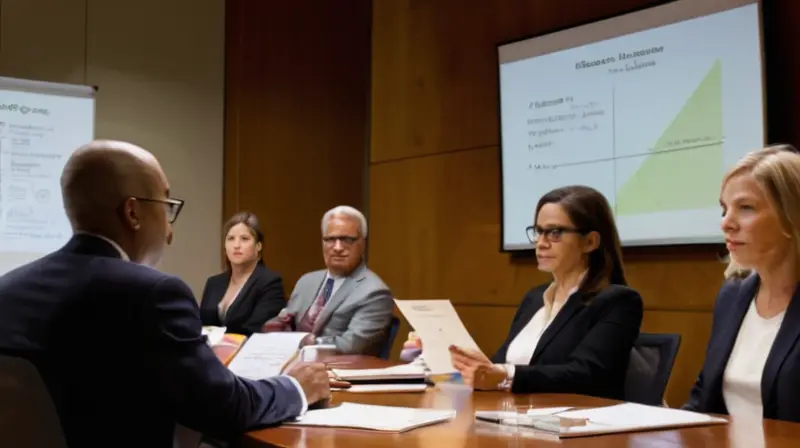 Un grupo diverso de profesionales discute animadamente en una sala de conferencia iluminada, destacando una presentación sobre los 8 pasos de Kotter