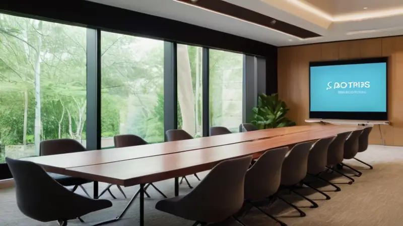 Una sala de conferencias iluminada con un gran mesa de madera