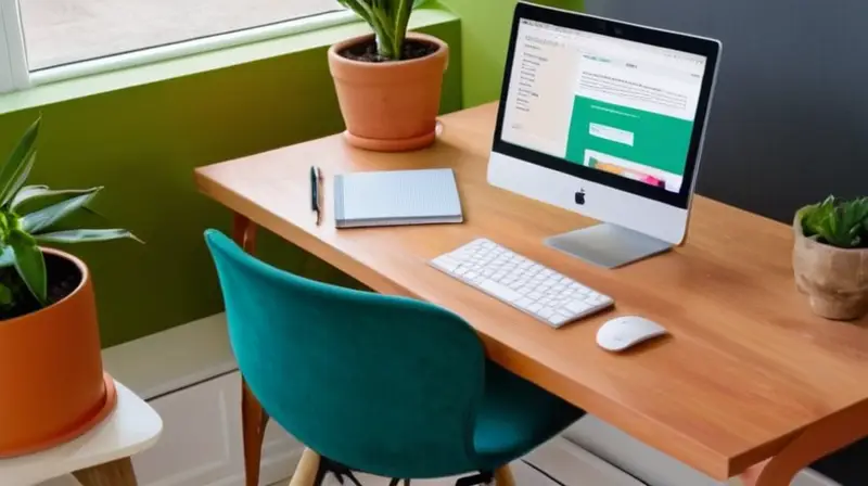 Un espacio de trabajo moderno con un escritorio blanco, monitor de alta resolución, plantas, luz natural y elementos de diseño reflejando creatividad