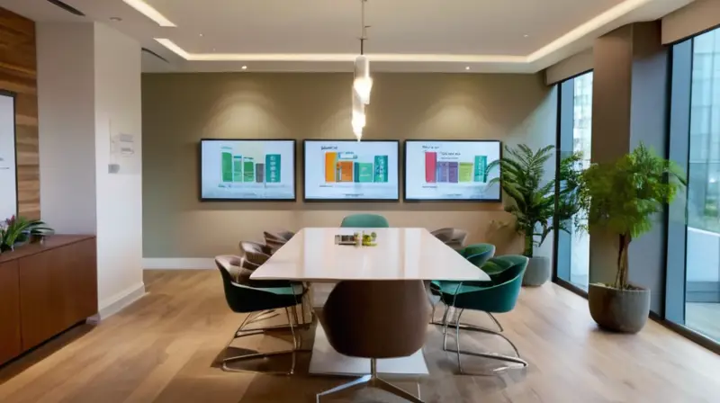 Una oficina moderna y luminosa, con un elegante mobiliario, plantas, y un ambiente acogedor, lista para reuniones con clientes