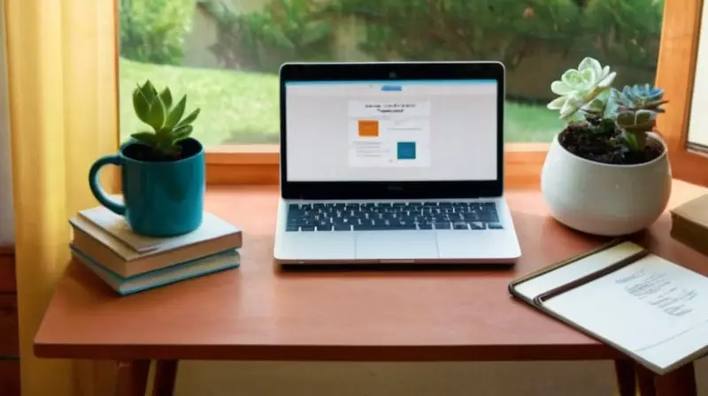 Un escritorio de madera elegante con luz natural, papeles, un laptop pulido, una taza de café, una planta y un ambiente organizado que sugiere profesionalismo y éxito