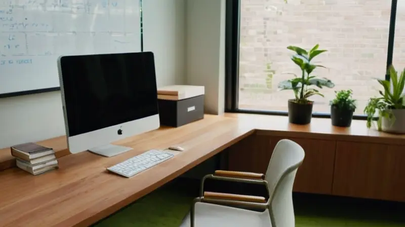 Un espacio de oficina bien organizado y profesional, con un escritorio de madera, computadora, notas, plantas y luz natural