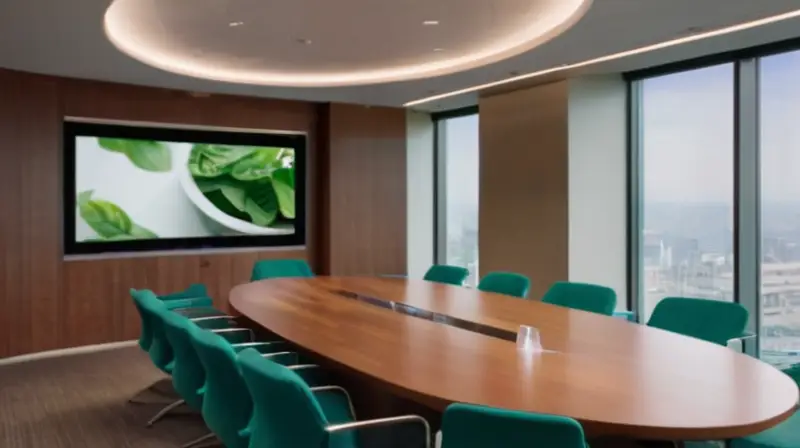 Una moderna sala de conferencias con una mesa de madera brillante