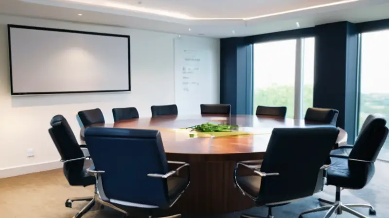 Una moderna sala de conferencias con un ambiente profesional, iluminación natural, y un presentador enfocado ante un grupo de ejecutivos bien vestidos