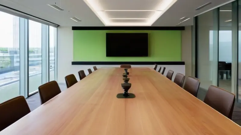 Una elegante sala de conferencias con una larga mesa de madera, sillas de cuero, luz natural, pantalla con presentación, y un ambiente sofisticado