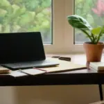 Un luminoso espacio de trabajo con un escritorio de madera