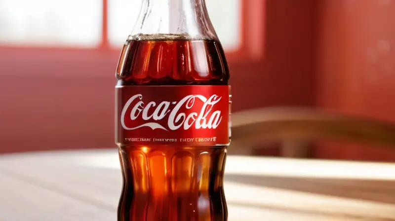 Logo rojo de Coca-Cola sobre fondo blanco con una botella de cristal brillante y hielo, creando una atmósfera fresca y atractiva