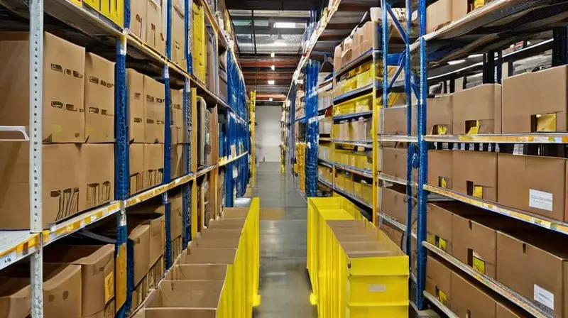 Un almacén espacioso y ordenado, con estanterías llenas de productos y un trabajador escaneando artículos bajo la luz natural