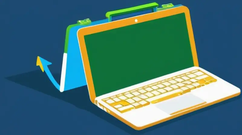 Diseño plano de una laptop con pantalla azul vibrante, teclado minimalista y elementos coloridos que representan el crecimiento profesional