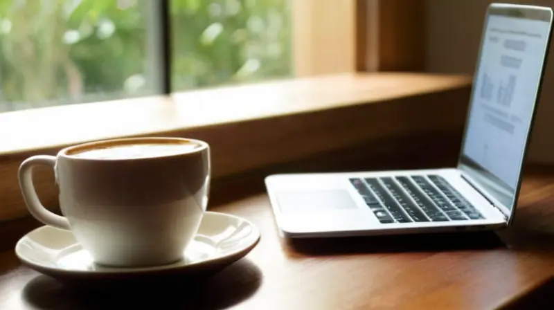 Una laptop elegante sobre un escritorio de madera con luz cálida, un cuaderno y una taza de café, creando un ambiente creativo