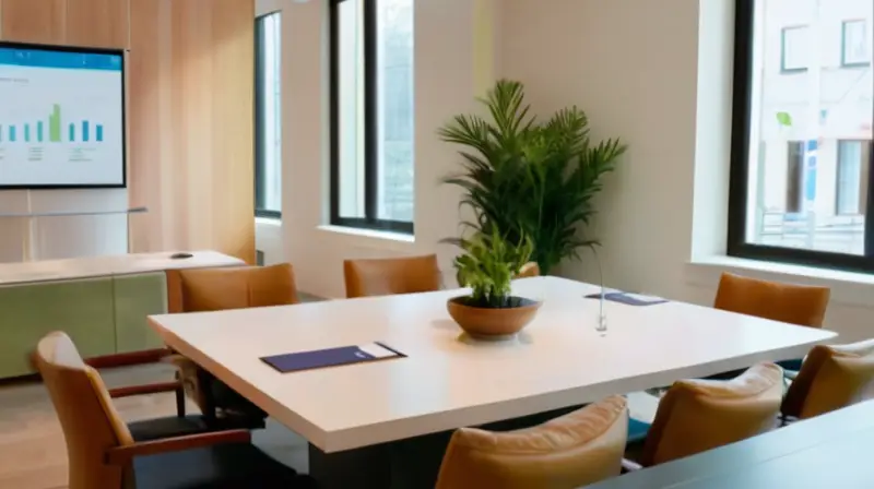 Una moderna sala de conferencias iluminada con luz natural, que cuenta con una mesa grande, sillas de cuero negro, un proyector y elementos de marketing, ideal para discusiones estratégicas
