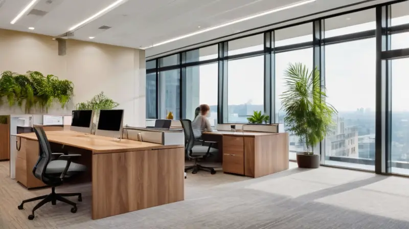 Oficina moderna y luminosa con un diseño colaborativo, mobiliario ergonómico, ambiente acogedor y trabajadores comprometidos