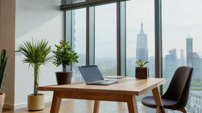Una oficina moderna y luminosa con muebles minimalistas, un escritorio de madera y un emprendedor vestido informalmente concentrado en tomar notas