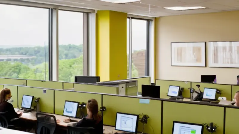 Un bullicioso call center con empleados diversos