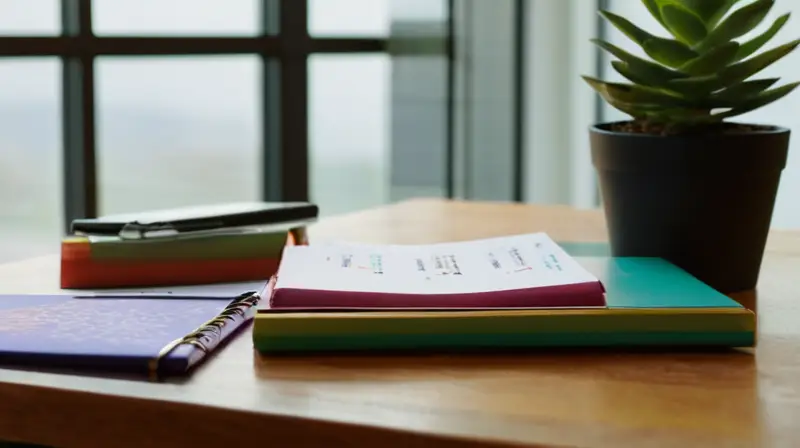 Una oficina ordenada con un escritorio de madera brillante, un cuaderno con notas, una laptop con gráficos coloridos, una planta suculenta y un ambiente acogedor