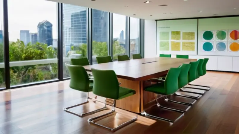 Una moderna sala de conferencias iluminada por luz natural, con una mesa de madera pulida, sillas ergonómicas, y una pantalla de presentación