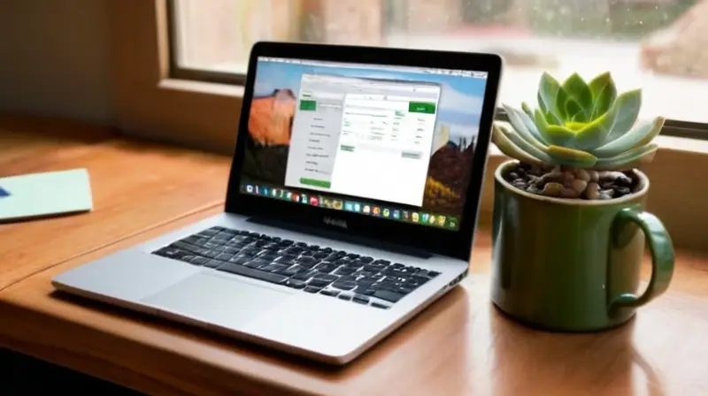 Un desordenado escritorio de madera iluminado por el sol, con un laptop abierto, una taza de café y notas, listo para estrategias creativas de email