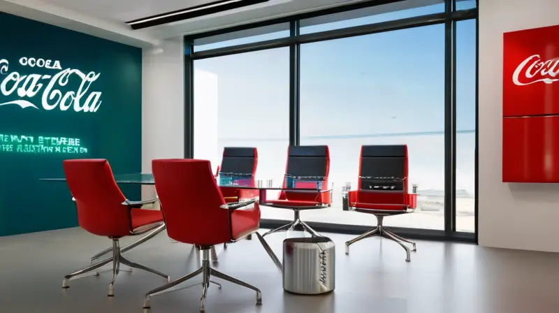 Una moderna sala de juntas con mesa blanca brillante, paredes azules decoradas con la marca Coca-Cola y un proyector mostrando un gráfico colorido