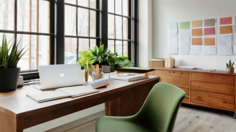 Una oficina luminosa y minimalista, con elementos organizados y decorativos que reflejan un ambiente profesional y creativo