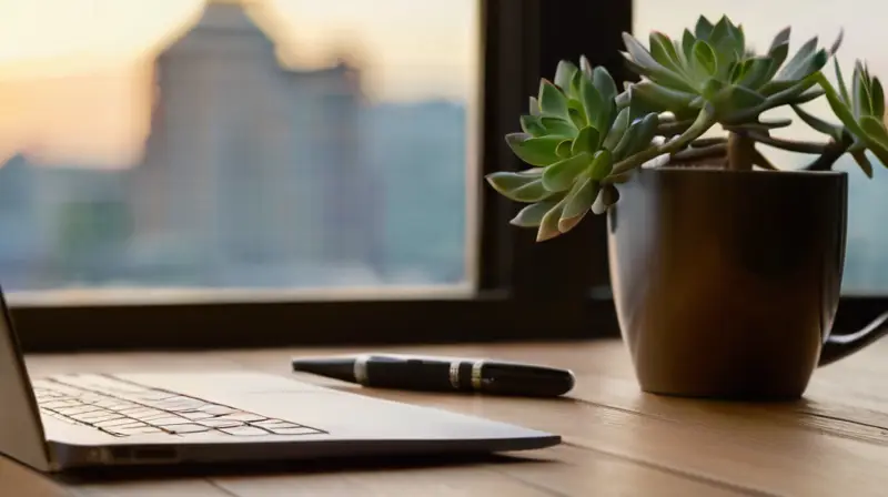 Un elegante escritorio de madera con una laptop, café, notepads y una planta suculenta, todo iluminado por luz cálida y natural