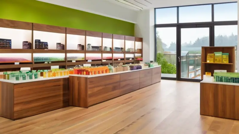 Un ambiente minorista moderno y luminoso, con productos organizados y un personal atento, que invita a una experiencia comunitaria acogedora