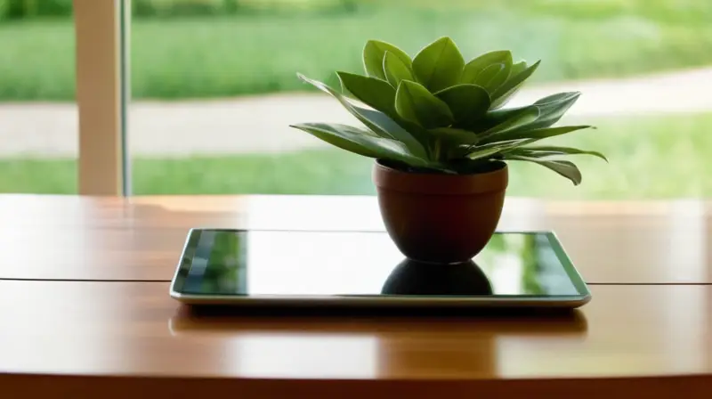 Una tablet digital sobre una mesa de madera, mostrando un catálogo vibrante en un ambiente iluminado y elegante