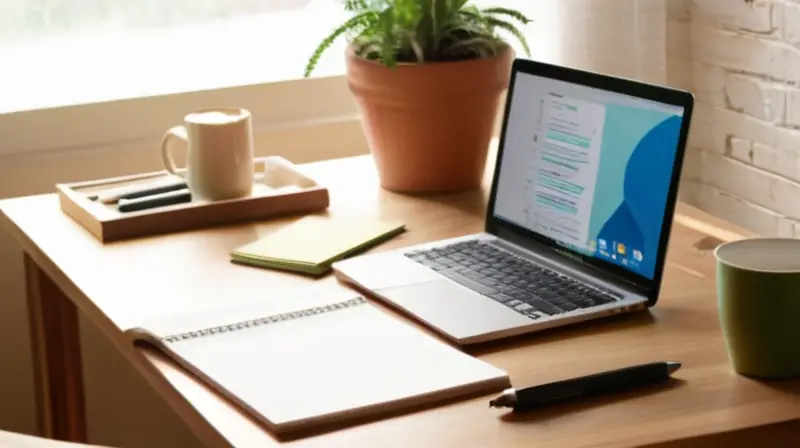 Un espacio de trabajo organizado y acogedor, iluminado por luz suave, que inspira creatividad y enfoque