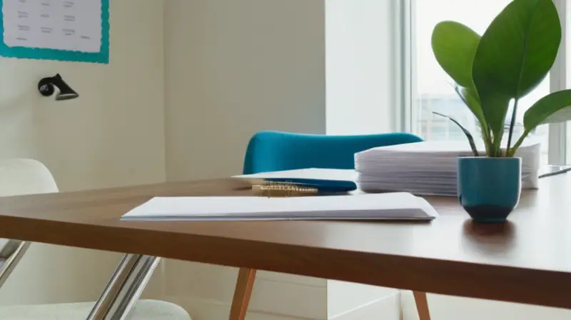 Una oficina luminosa y moderna con un escritorio de vidrio, documentos organizados, una tablet con datos de ventas, y una atmósfera profesional y acogedora