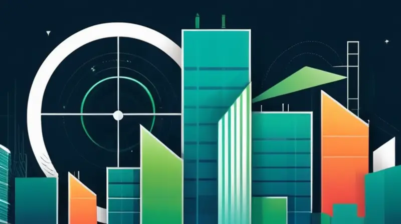 Diseño plano de un edificio moderno con formas geométricas, colores vibrantes y un enfoque minimalista