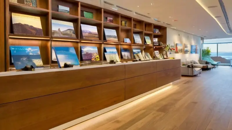 Una agencia de viajes espaciosa y luminosa, decorada con pósters vibrantes, cómodos asientos y un ambiente acogedor lleno de emoción y aventura