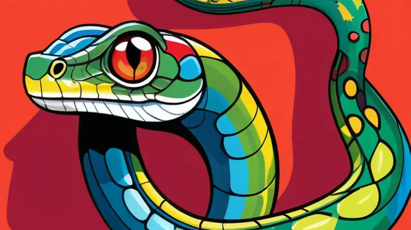 Diseño plano de una serpiente de Python con curvas suaves, cuerpo verde vibrante y símbolos matemáticos coloridos en un estilo minimalista