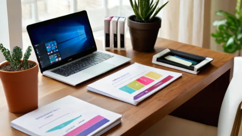 Un espacio de trabajo ordenado y profesional con luz natural, documentos organizados, gráficos coloridos, una laptop moderna, productos de maquillaje variados y un toque de vegetación