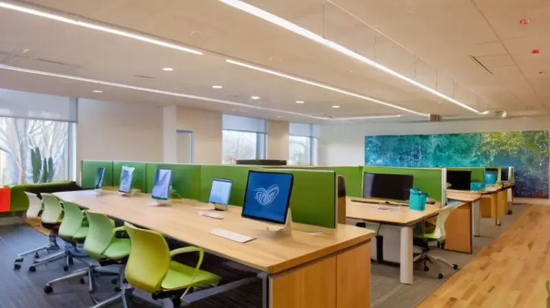 Oficina luminosa y moderna con espacio abierto, muebles elegantes, murales vibrantes de Zappos, plantas y luz natural que fomentan la colaboración y creatividad